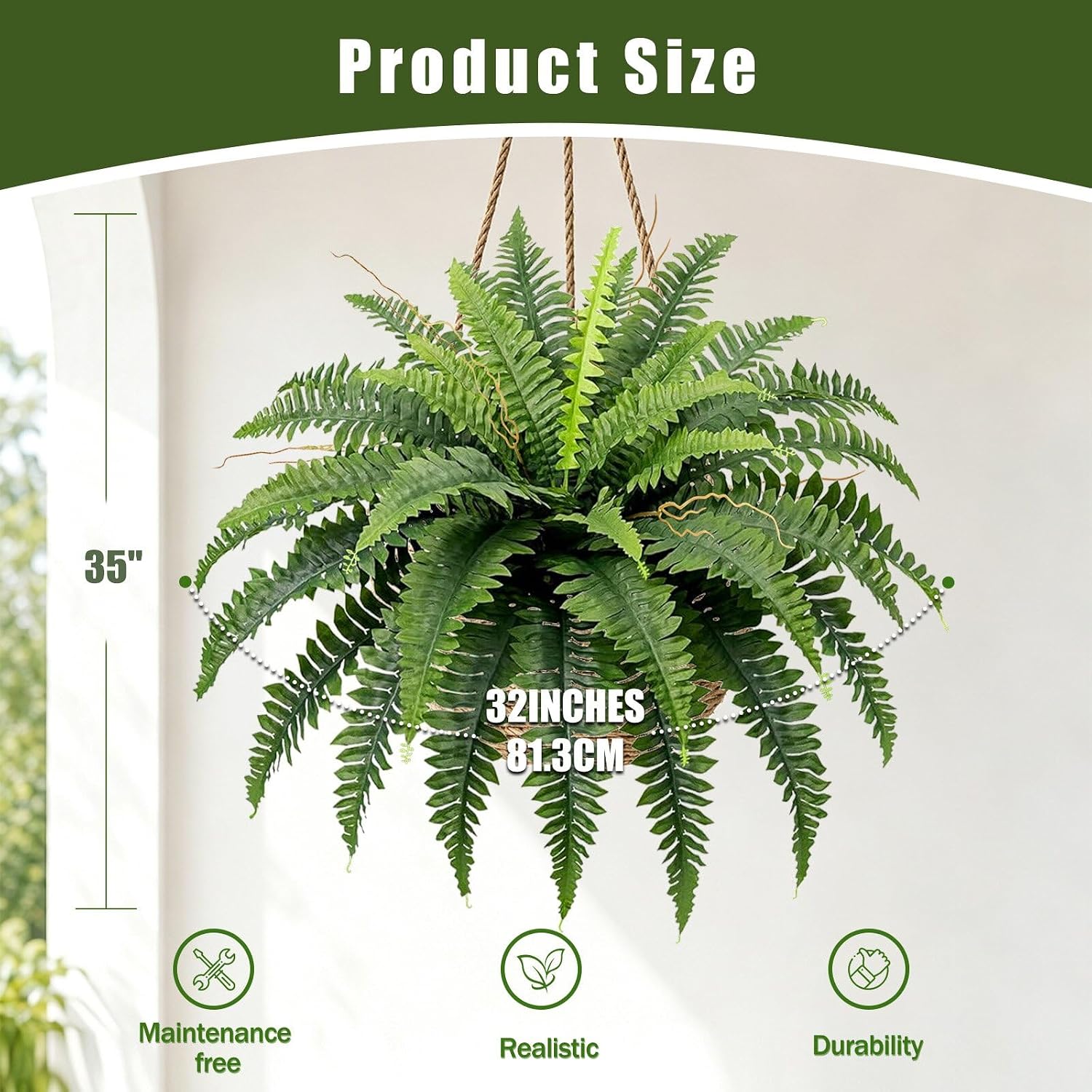 Boston Fern Artificial Plant, 90 cm, 2 Artificial Plants Like Real with 39 Leaves, Artificial Plants Suitable for Gardens, Porches, Patios, Home Offices for Outdoor Use – Bild 2