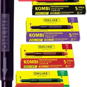 Online Colourful Combination Ink Cartridges (Universal Cartridges, Compatible with All Standard Fountain Pens, Also Lamy Fountain Pens, Replacement Cartridges), Pack of 4, Red, Green, Black, Purple