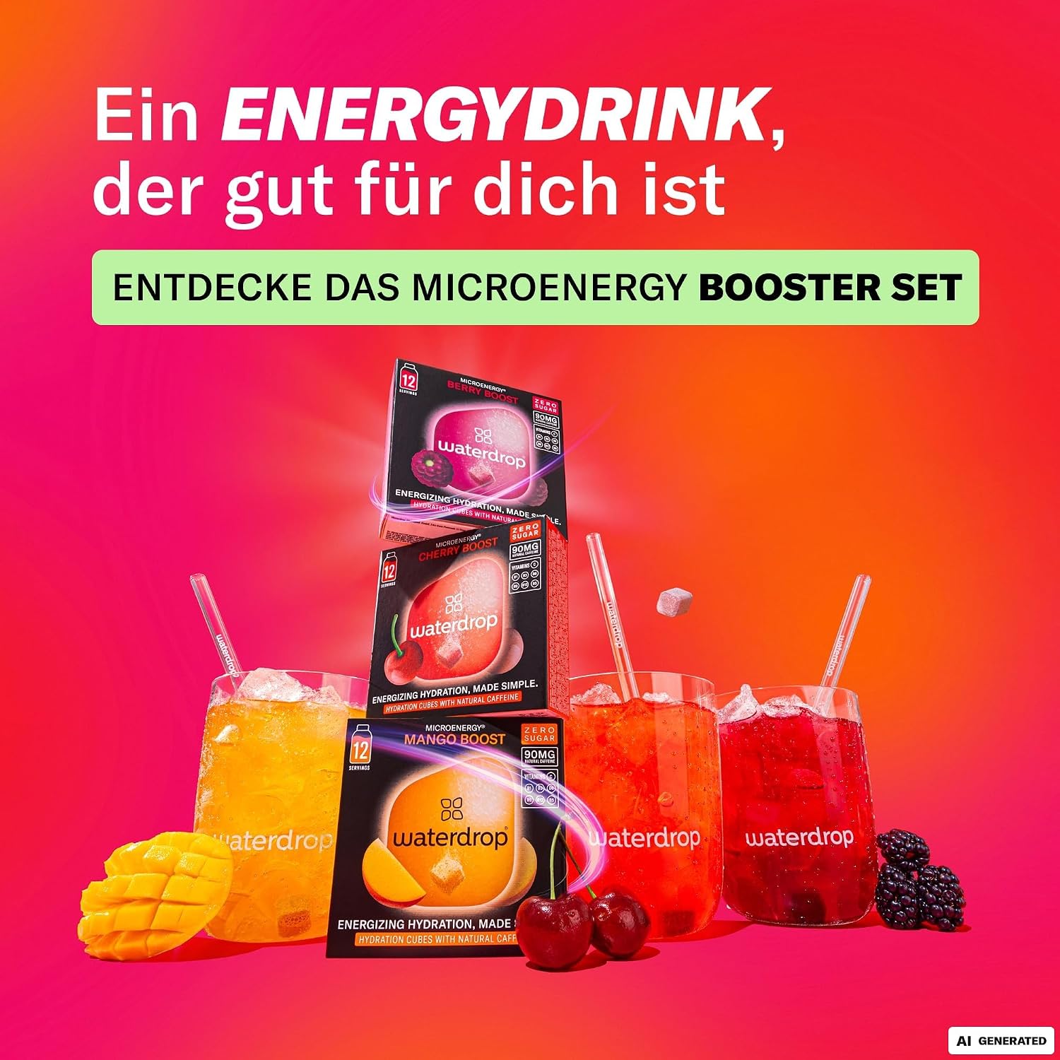 Waterdrop Microenergy Set, Energy Drink Powder, 36 Cubes Drink Powder, Mango, Cherry & Blackberry Flavour, Sugar-Free & Low Calorie with 90 mg Natural Caffeine, Vitamin C & B - Flavour Drops – Bild 8