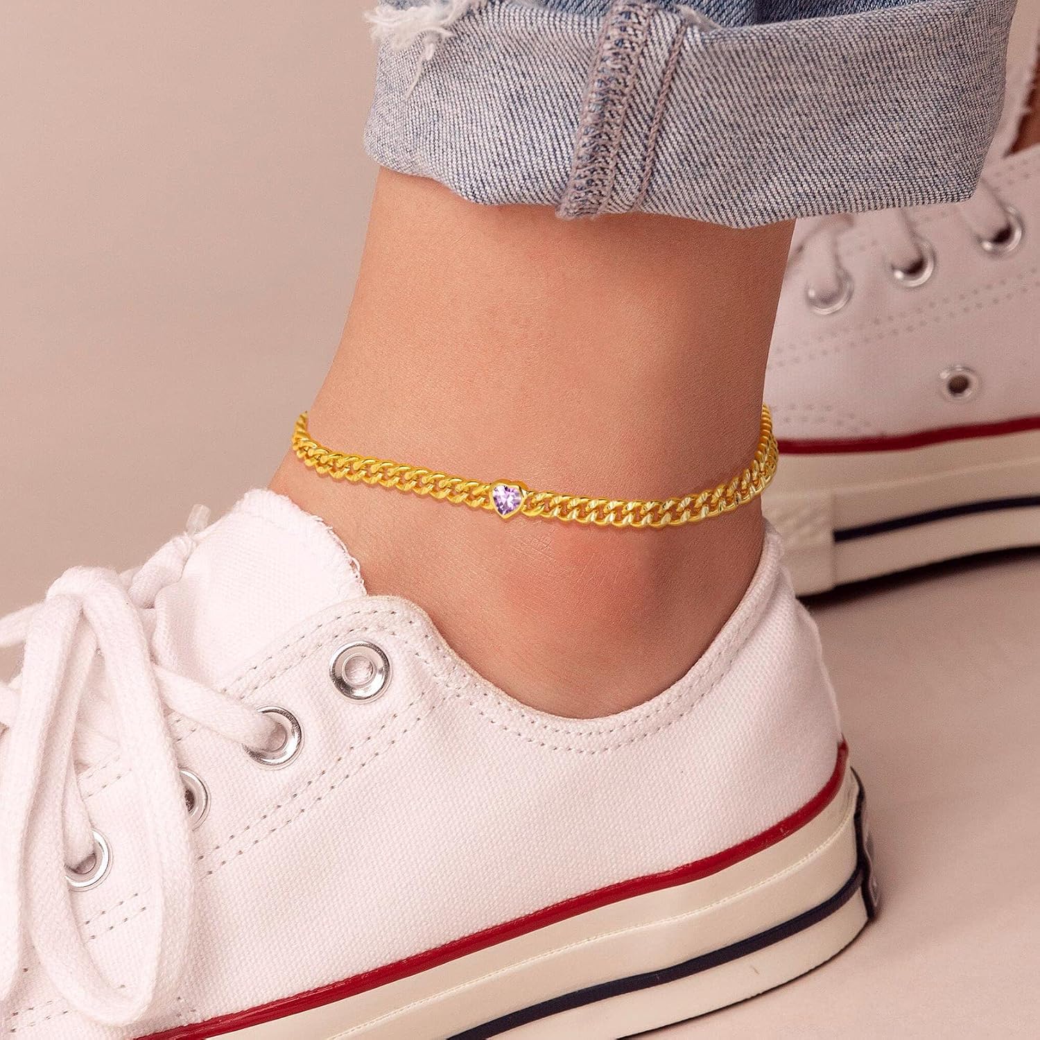 GoldChic Anklet Women's Gold Anklet for Women Girls 4 mm Wide Classic Curb Chain Anklet Bracelet Zirconia Anklet 22 cm + 5 cm Adjustable Summer Beach Foot Jewellery – Bild 6