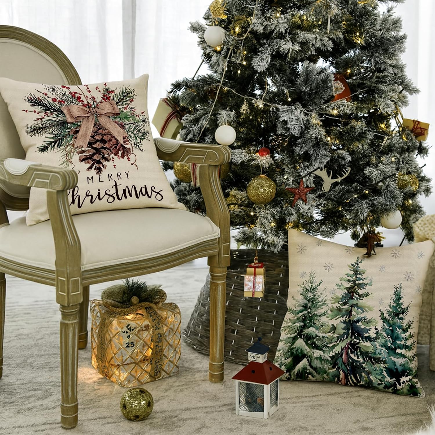 Christmas Cushion Cover, 45 x 45 cm, Set of 4, Linen Christmas Cushion Christmas Decoration with Reindeer, Christmas Decorations, Indoor Christmas Decoration for Sofa, Couch, Bedroom, Living Room, Winter Decoration – Bild 5