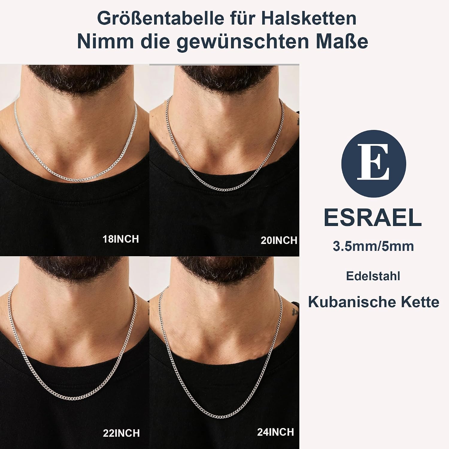 Esrael 3.5/5 mm Silver/Gold/Black Curb Chain Stainless Steel Necklace Men's Cuban Chain for Men and Boys Jewellery Gift for Men Women 18/20/22/24 Inches – Bild 5