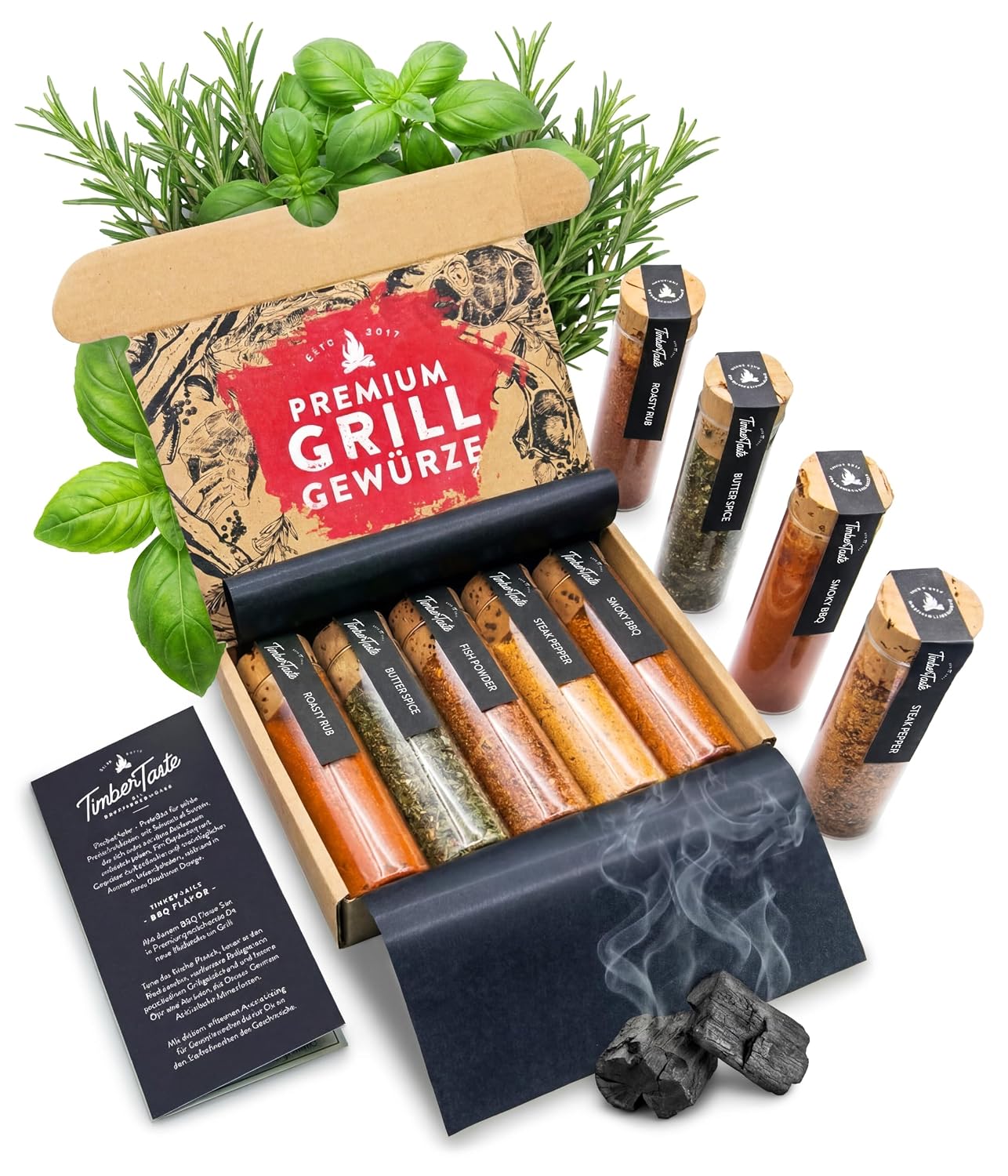 TIMBER TASTE® Barbecue Spice Gift Set – 5 BBQ Spices Rubs & Marinades Elegant Packaging Spice Set Gift Men's Gifts Spice Set Birthday Gift for Men Delicatessen Gifts for Men