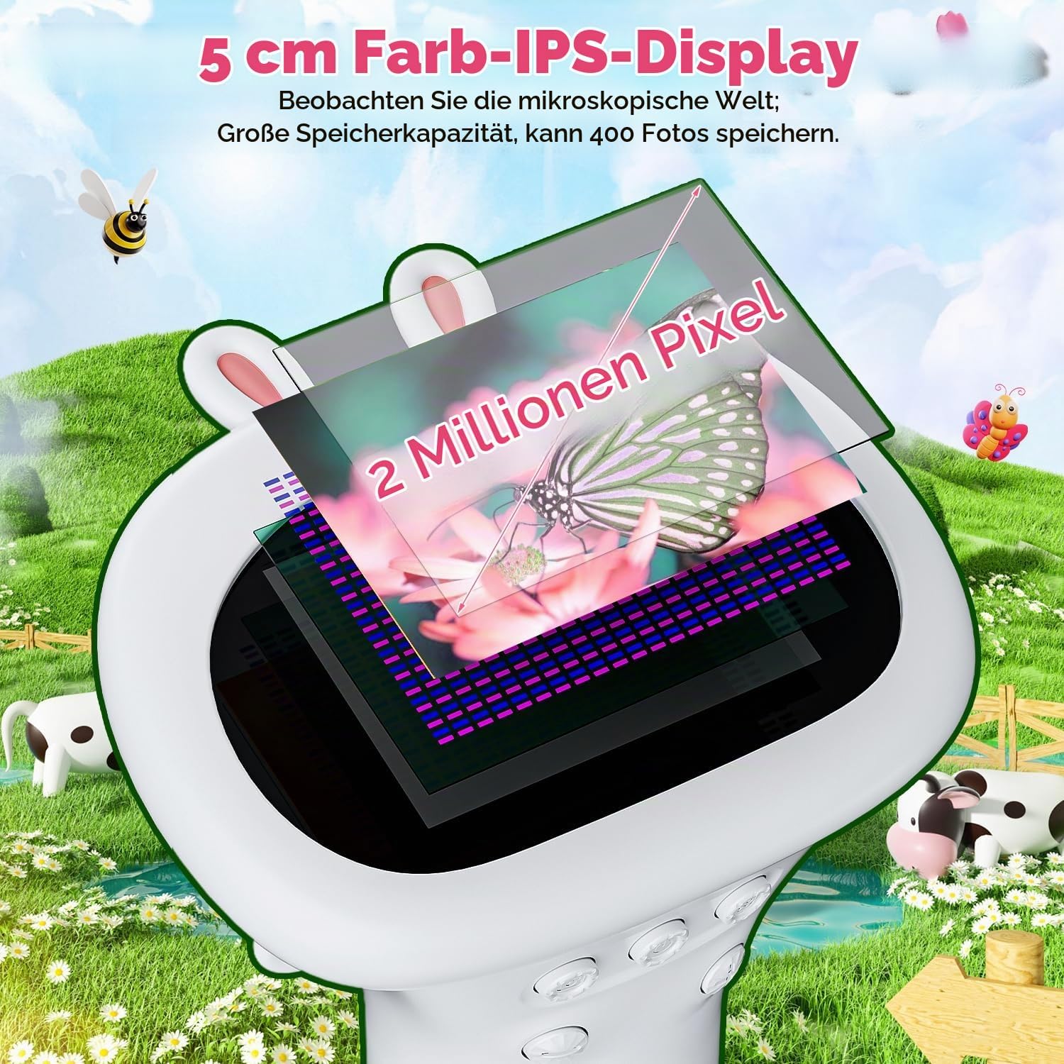 Microscope for Children, Ahalfcit Digital Microscope with 2 Inch Screen - 1000X Zoom Portable Microscope, Scientific Educational Toy Gift for 3-12 Years Old Children White – Bild 3