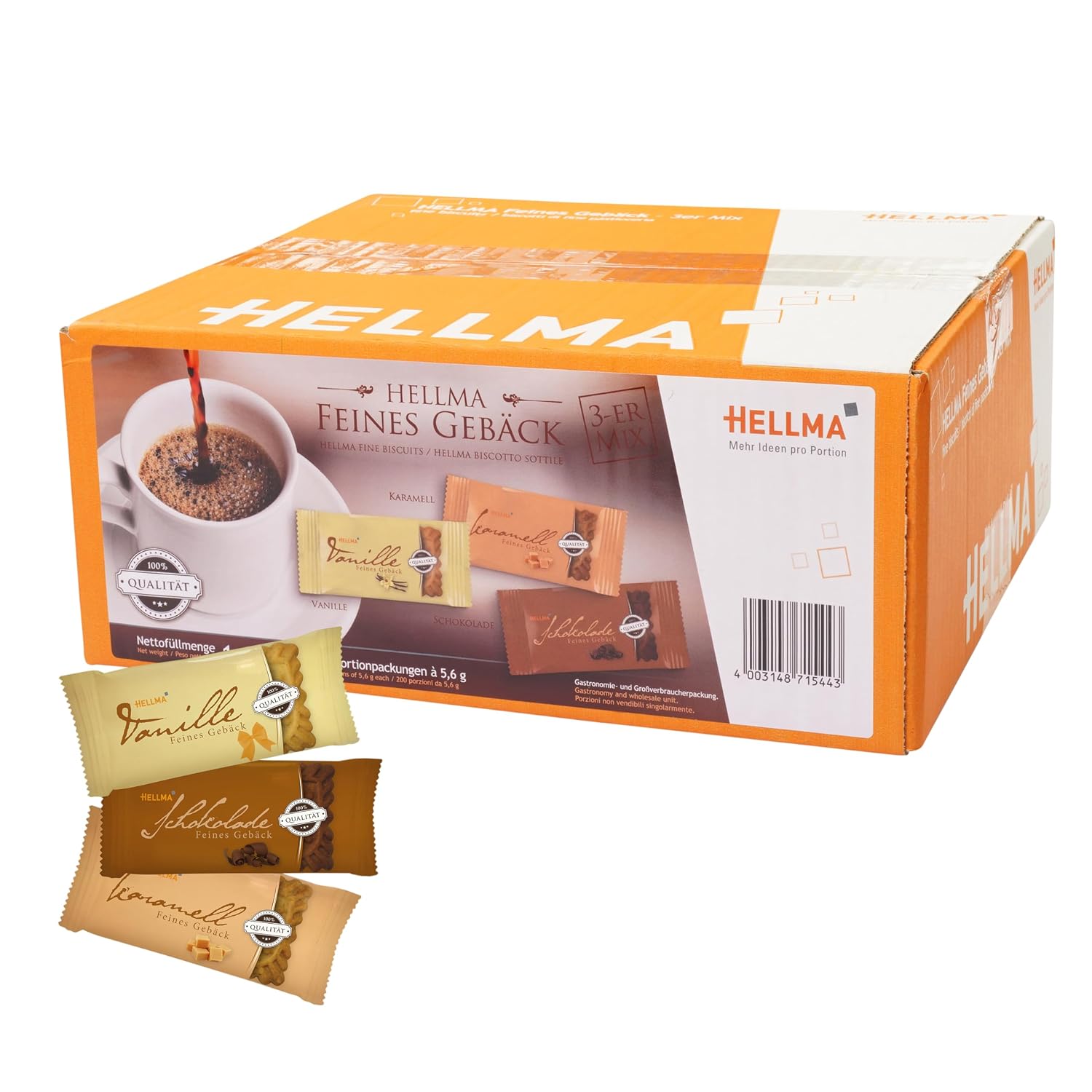 HELLMA Fine Pastry Mix – Pack of 200 Biscuits, Individually Wrapped – 3 Varieties – Storage Box – for Hotel, Cafe and Catering