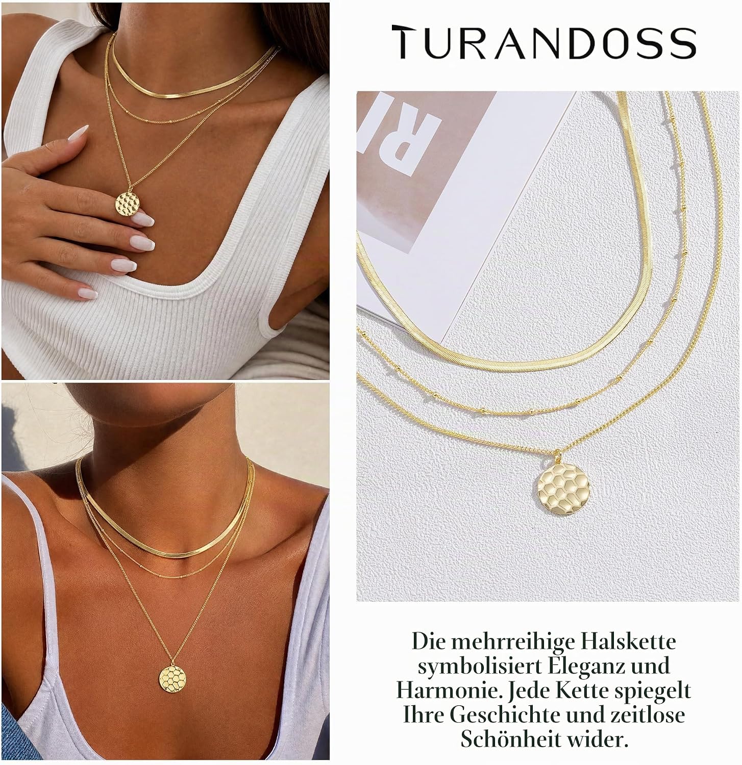 Turandoss Women's Gold Chain, 14 K Gold-Plated Layering Necklace, Women's Chain with Coin Beads Pendant, Snake Chain, Figaro Stackable Necklace Set, Birthday Gift for Girls, Women, Pack of 3 – Bild 5