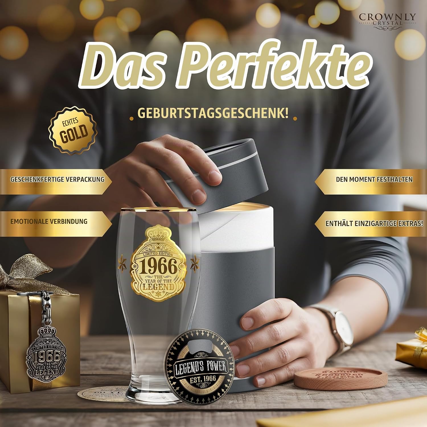 CROWNLY CRYSTAL® 1966 Beer Glass Engraved 570ml 60th Birthday Personalised Gift for Men 60 Years Dad Decoration Card Gift Idea – Bild 2
