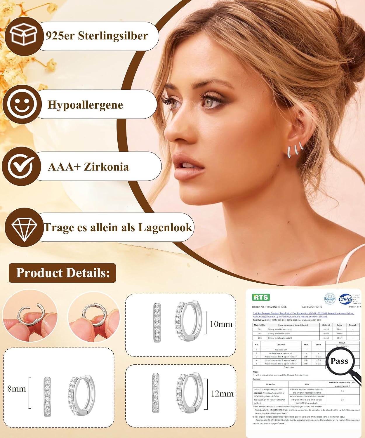 AVOTTO 3 Pairs of Earrings Silver 925 Set for Women Hypoallergenic 14K Gold Earring Stacks Silver Earrings Huggie Hoops Earrings for Multiple Piercings – Bild 2