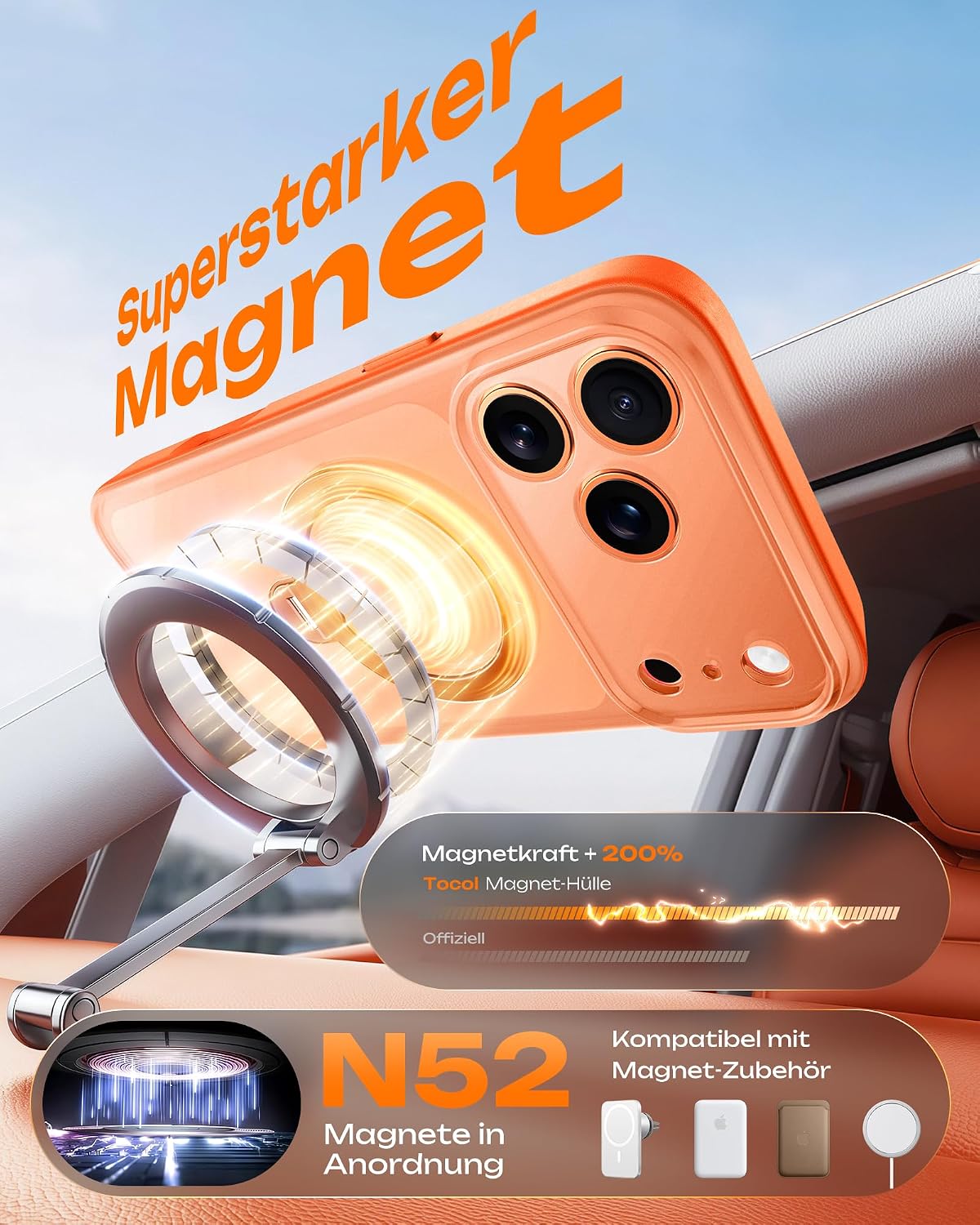 TOCOL für iPhone 17 Pro Hülle mit Ständer, 360° Drehbarem, Orange – Bild 5