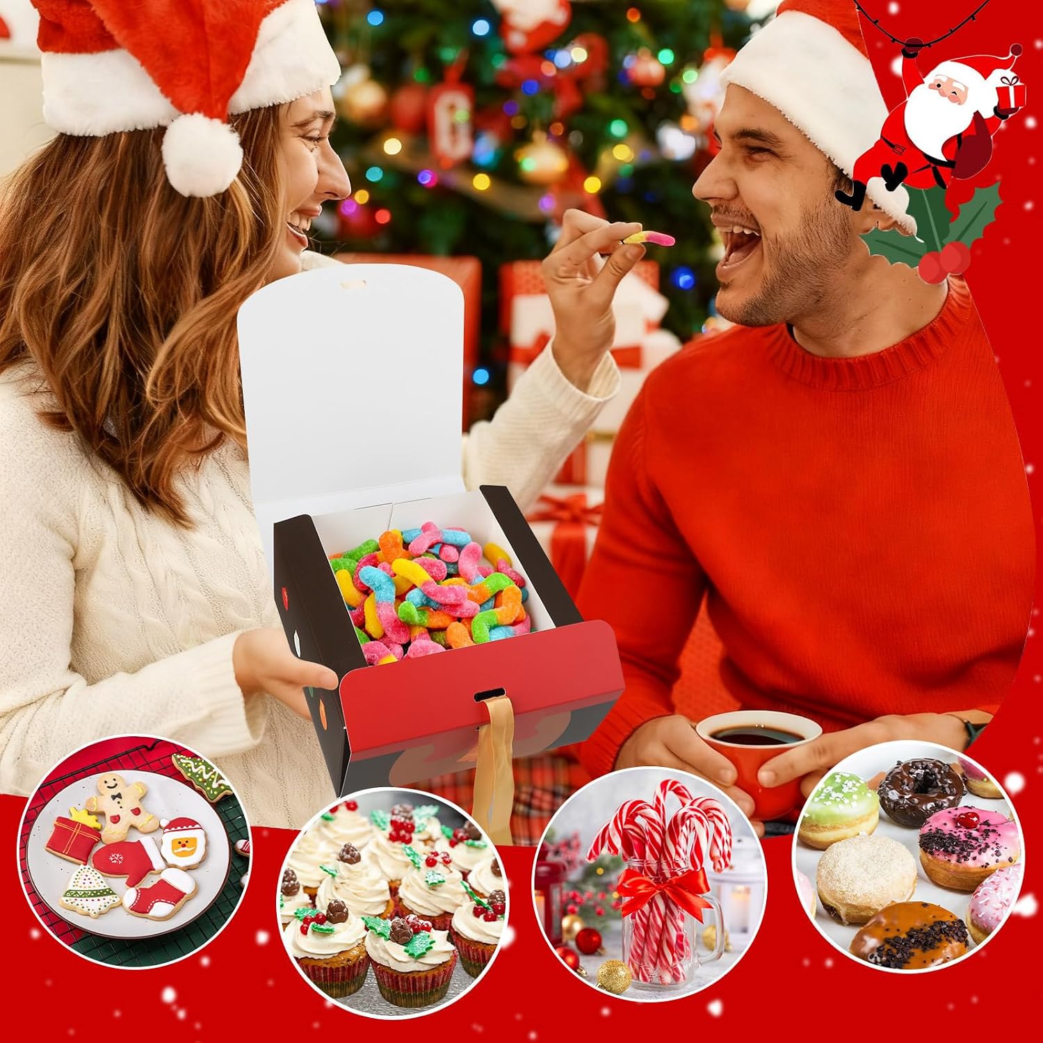 Pack of 12 Christmas Cupcake Boxes 17.5 x 17.5 x 8 cm Christmas Gift Box with Ribbon Cupcake Box Container Cake Muffin Transport Box Pastry Boxes Paper Boxes Bakery Boxes for Cakes Doughnut Pastries – Bild 4