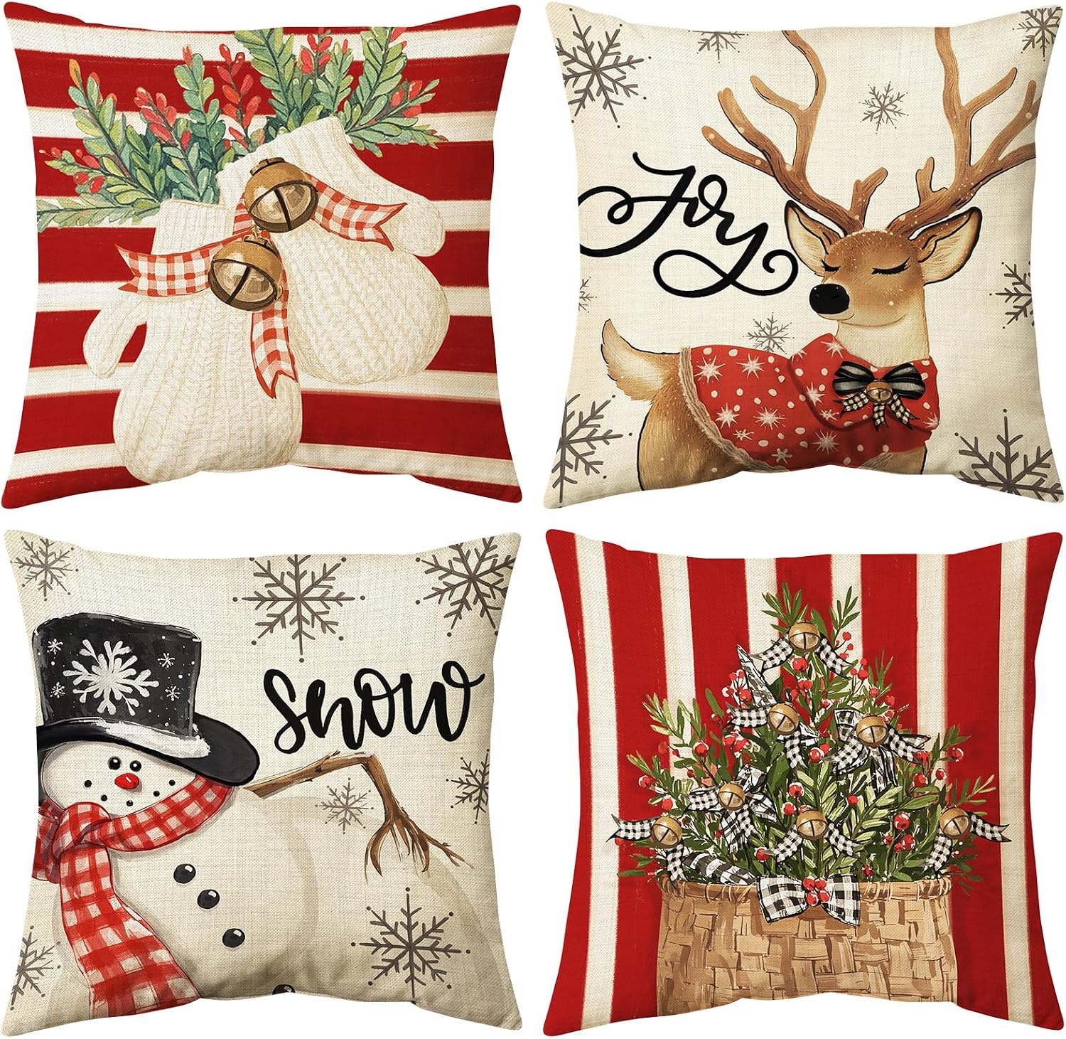 Christmas Cushion Cover, 45 x 45 cm, without Cushion Filling, Set of 4, Linen Look, Square Christmas Cushion Covers with Zip for Sofa, Living Room, Christmas Decorations (Red Stripes)