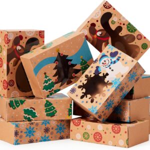 JOYIN Christmas Cookie Boxes for Gifting, 8.5 x 5.75 x 2.75 Inch Cookie Tins with Window, 3 Designs, Brown Foil Kraft Bakery Boxes for Pastries, Cupcakes, Brownies, Donut, Pack of 12