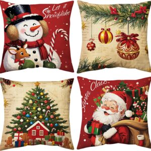 Christmas Cushion Cover, 45 x 45 cm, without Cushion Filling, Set of 4, Linen Look, Square Christmas Cushion Covers with Zip for Sofa, Living Room, Christmas Decorations (Multi-Colour)