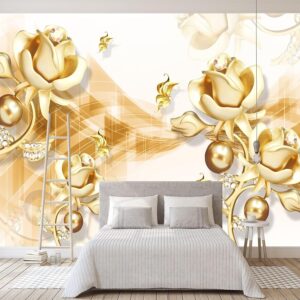 Non-Woven Photo Wallpaper Wall Pictures 3D Gold Decoration Beautiful Flowers 1548 (150 (W) x 105 (H) cm)