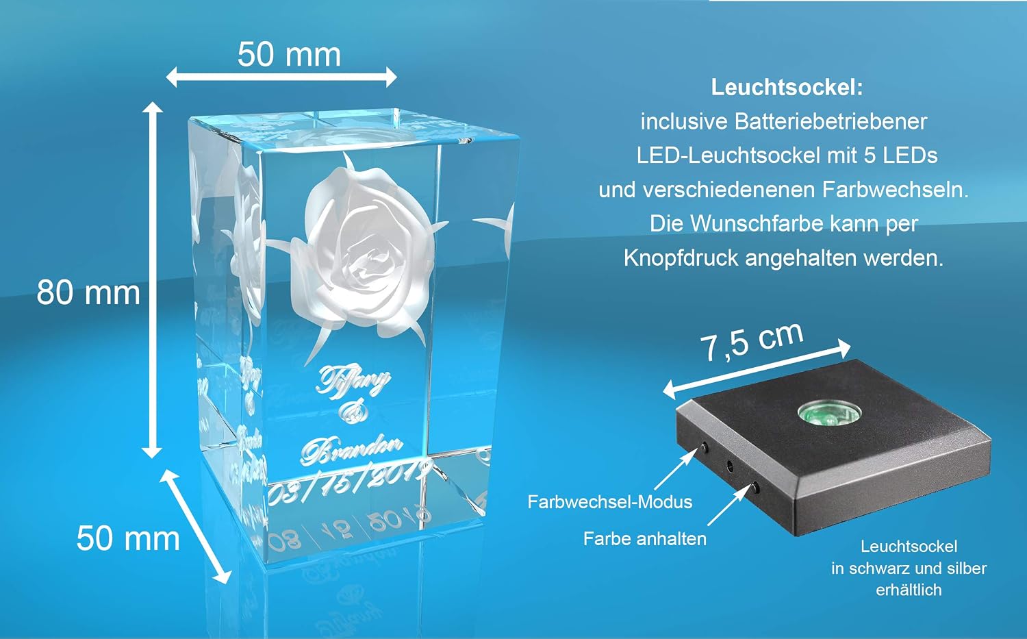 VIP-LASER 3D XL Glass Crystal Cuboid - Rose with Two Names and Date in Portrait Format - For People You Love! – Bild 3