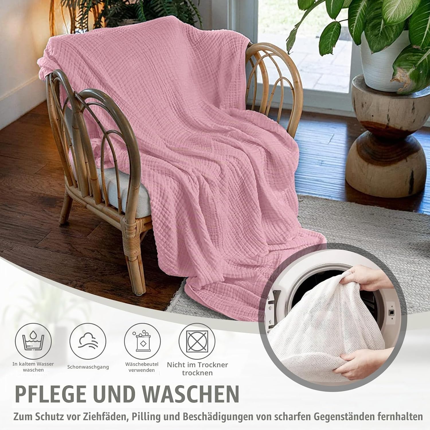 Muslin Blanket, 150 x 200 cm, 100% Cotton, 6-Layer Soft Summer Blanket, Breathable Muslin Blanket for Adults, Thin Cuddly Blanket for Bed and Sofa, Bedspread, Couch Throw (Pink) – Bild 7