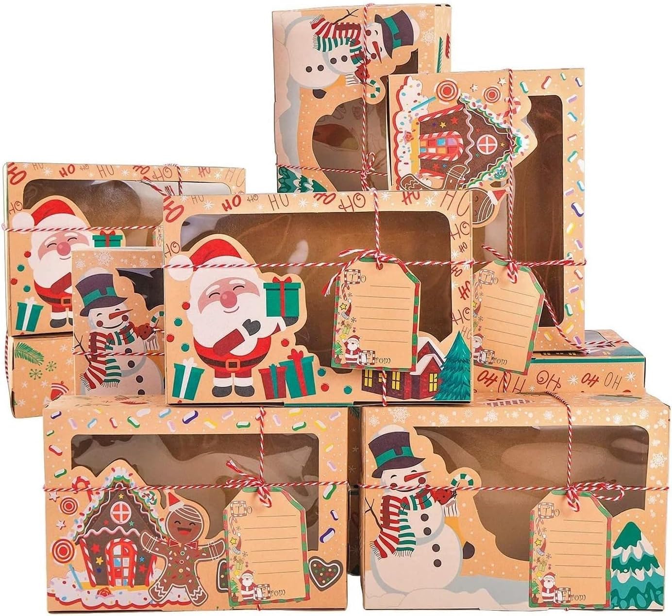 KAHEIGN 12 x Christmas Cookie Boxes, 22 x 15 x 7 cm Christmas Gift Boxes, Biscuit Boxes, Cake Boxes with Window and Tag Cards for Bakes, Chocolate Box Packaging