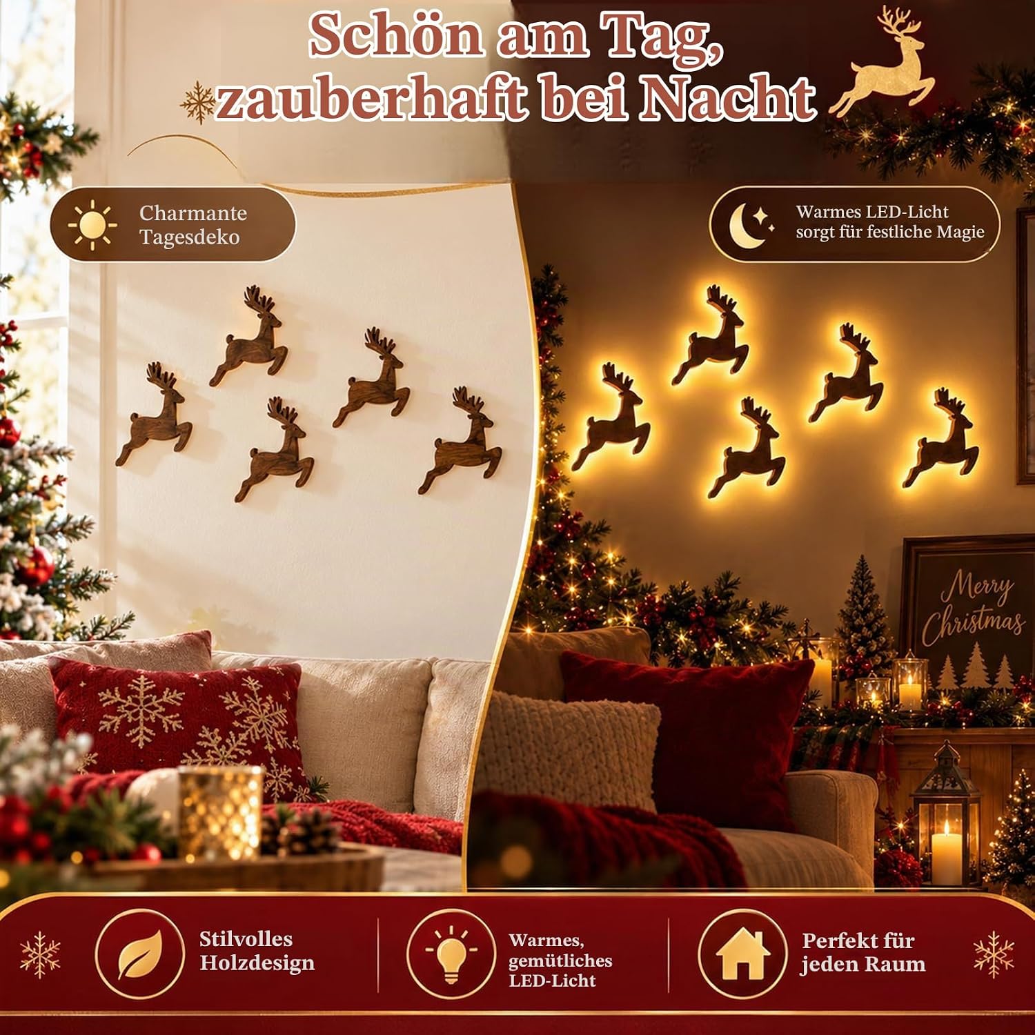Christmas Decoration Reindeer LED for Wall, Christmas Lights Made of Wood – Bild 2