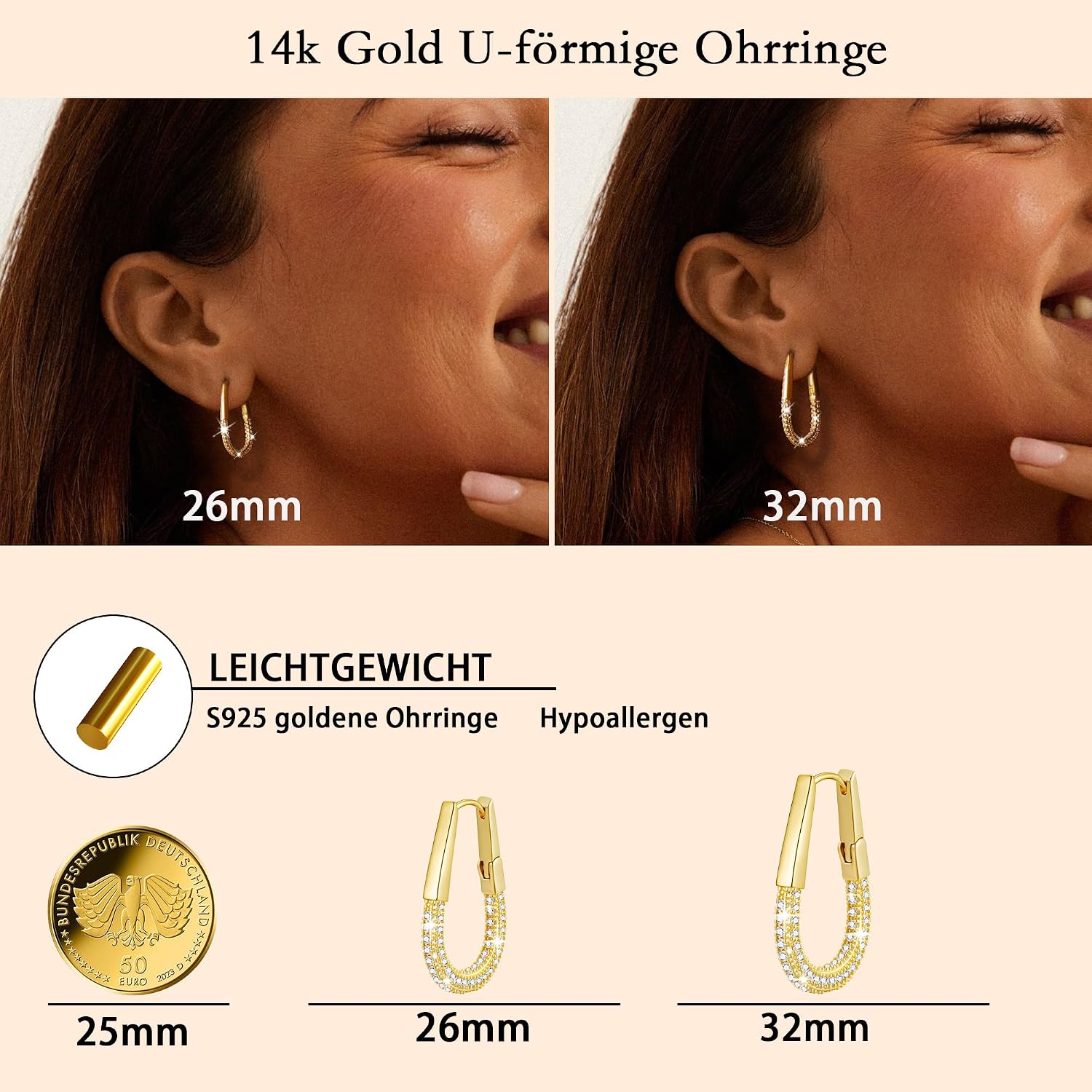 Women's 925 Silver Hoop Earrings, 14K Gold-Plated Earrings, Gold Hoop Earrings, Hypoallergenic Cubic Zirconia Earrings, Jewellery Gifts – Bild 3
