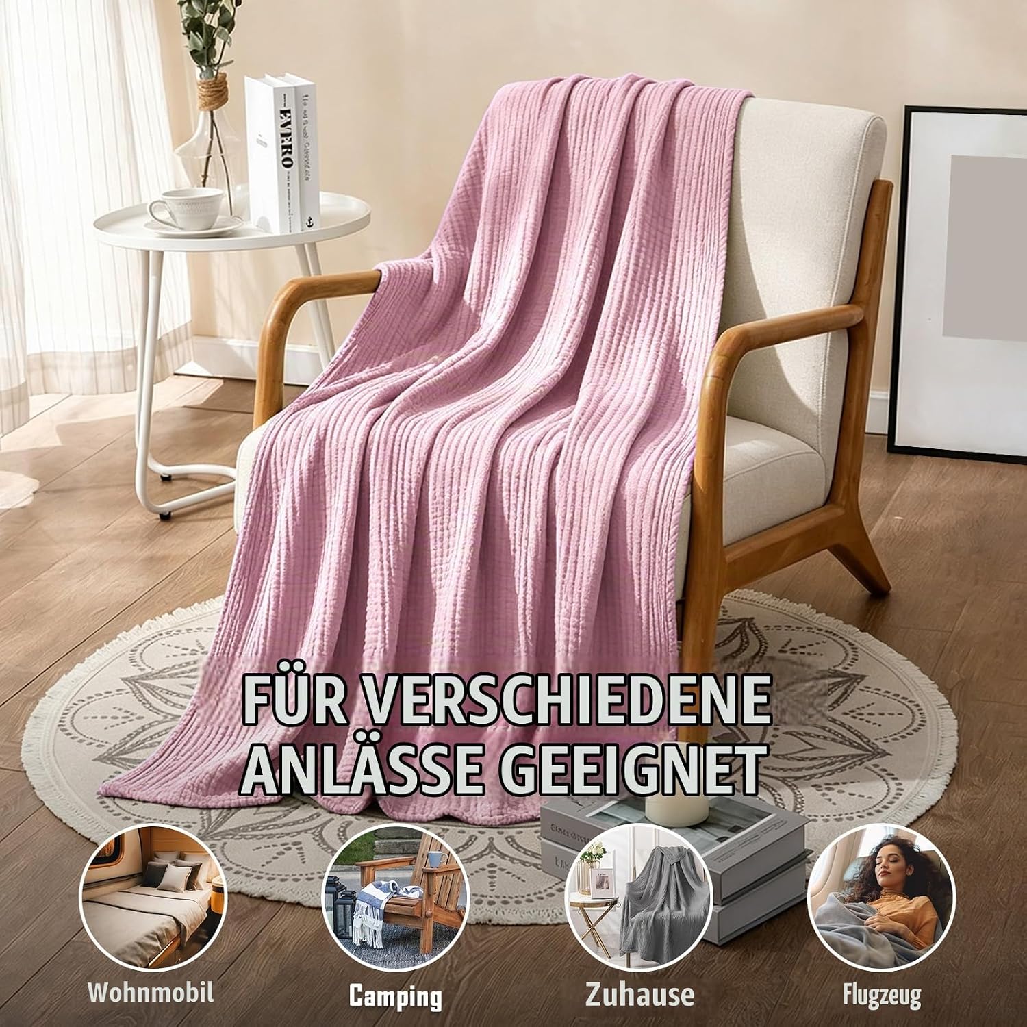 Muslin Blanket, 150 x 200 cm, 100% Cotton, 6-Layer Soft Summer Blanket, Breathable Muslin Blanket for Adults, Thin Cuddly Blanket for Bed and Sofa, Bedspread, Couch Throw (Pink) – Bild 5