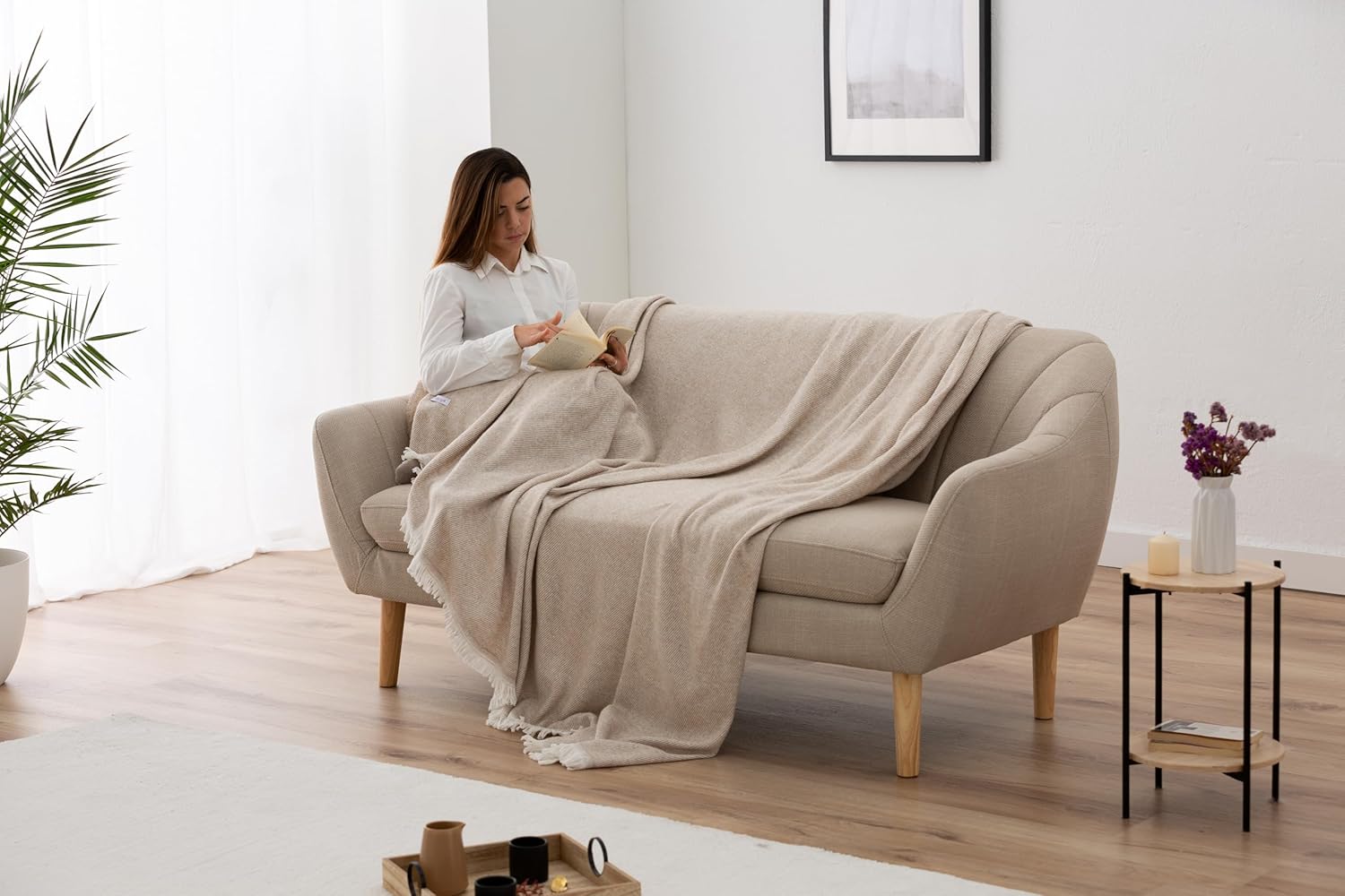 Extra Soft Cotton Blanket Stripe Pattern Multipurpose Bedspread for Sofa Bed Decorative Cover and Fular (Sand Beige, 120 x 180 cm), Beige Sand – Bild 5