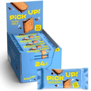 PiCK UP! Choco&Milk (24 x 28 g), Biscuit Bars with Crisp Milk Chocolate and Milk Cream Between Two Biscuits, The Snack for Travel, Counter Stands with 24 Pieces
