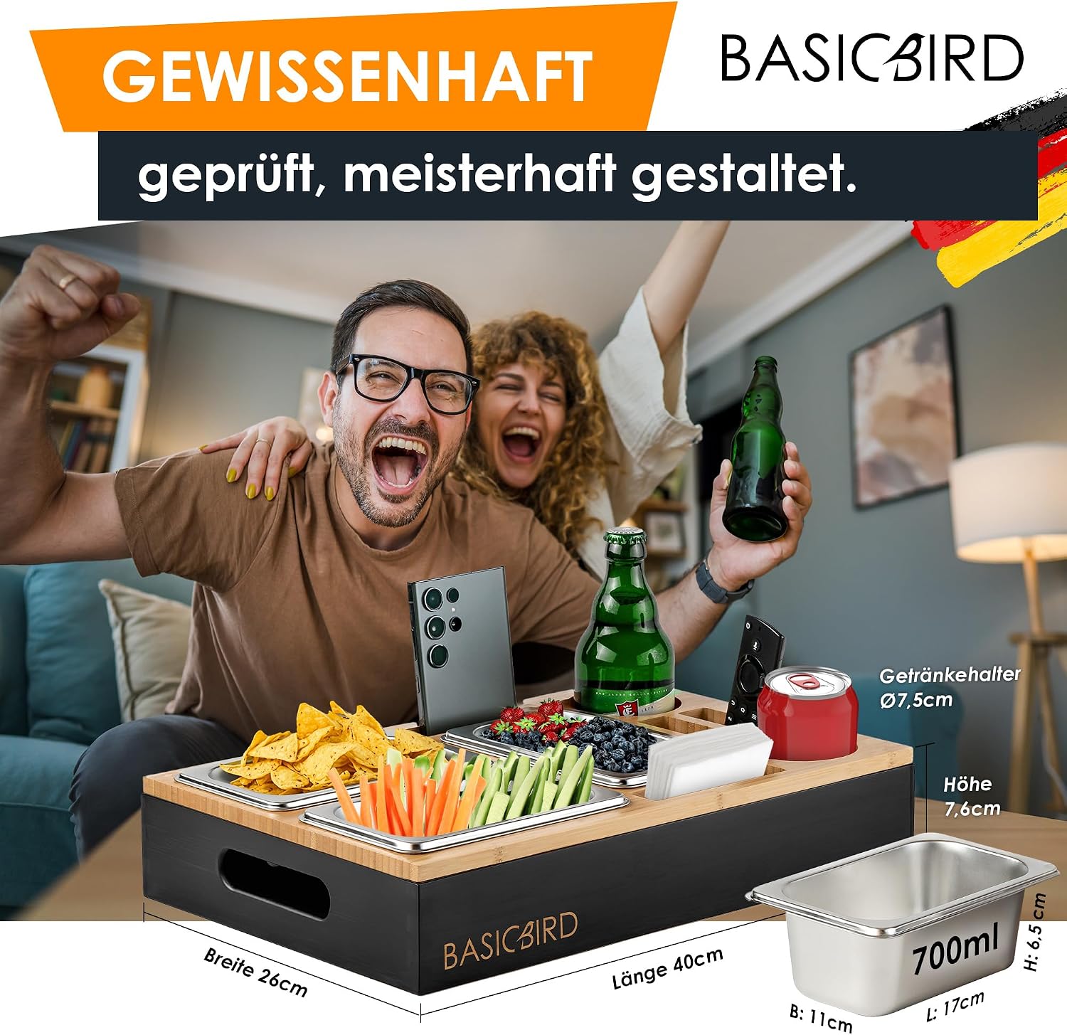 BASICBIRD® Couch Bar Snack Box - Organiser Tray - Snack Dispenser with 3 x Snack Bowls - Wooden Sofa Tray for Sofa, Decoration, Couch Bar with Drink Holder and Compartments - Motorhome Equipment – Bild 7