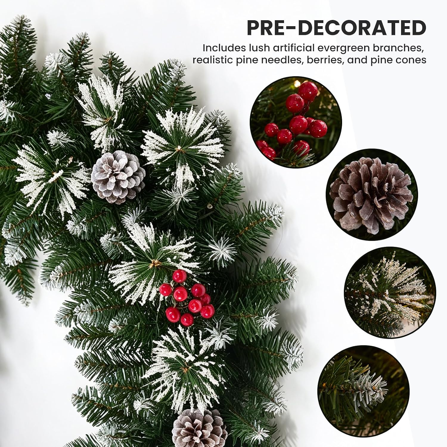 Christmas Illuminated Garland, Stairs Christmas Garland 2.7 M Artificial garland for stairs & outdoor decoration, battery operated, berries, pine cones, snowflakes, 8 light modes – Bild 2