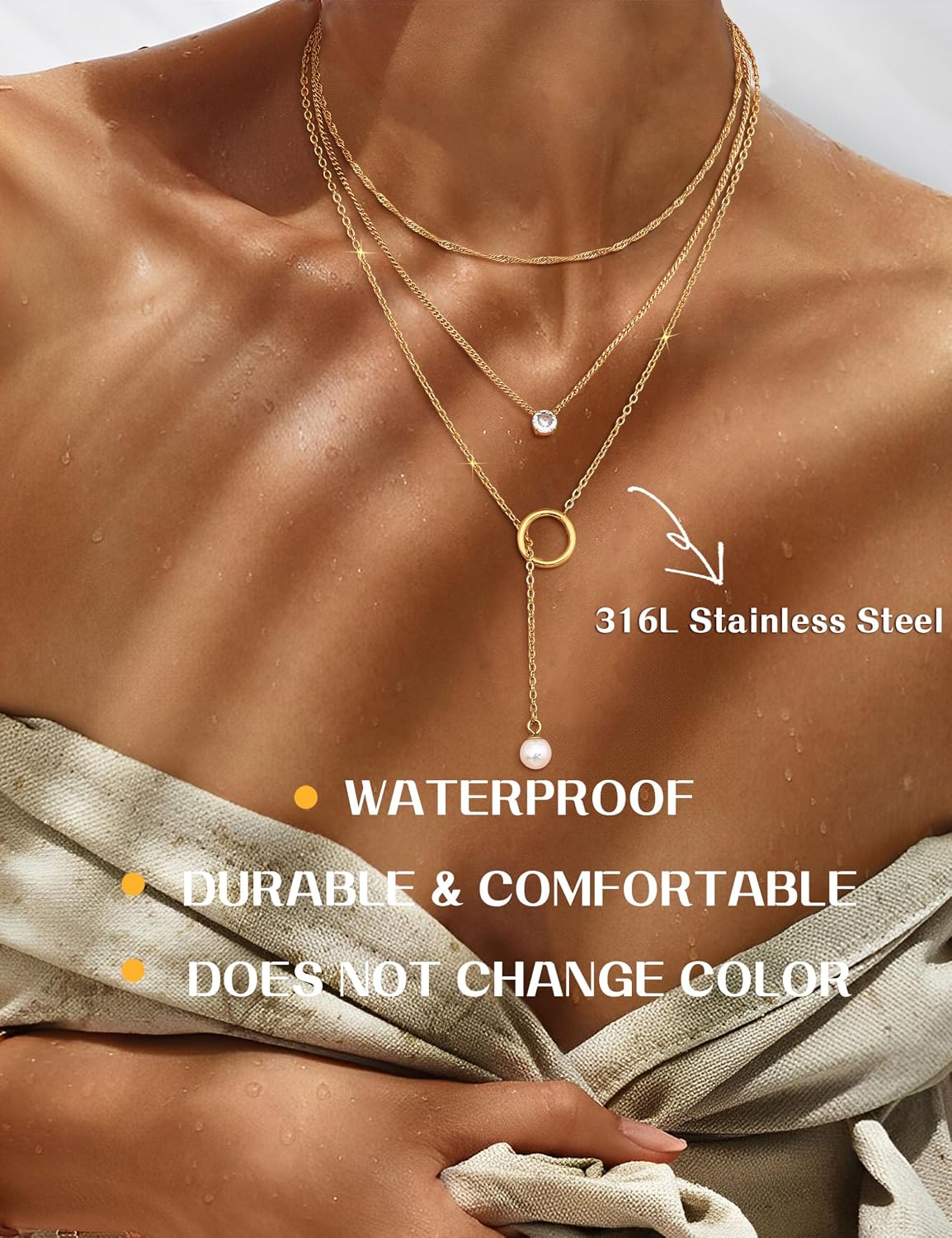Chriscoco 2-3 Pieces Women's Gold Chain Gold Waterproof 18 K Gold-Plated Chains Set Stainless Steel Chain Gold Chain with Pendant Pearl Necklace CZ Gold Chain Women – Bild 3
