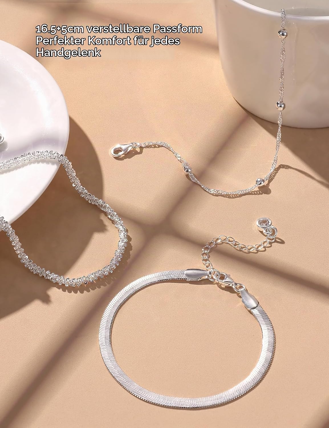 3 Pieces Bracelet Silver 925 Women's Stackable Bracelets Set Adjustable Bracelet Snake Chain Bracelets for Women Silver Bracelet Jewellery with Gift Box – Bild 6