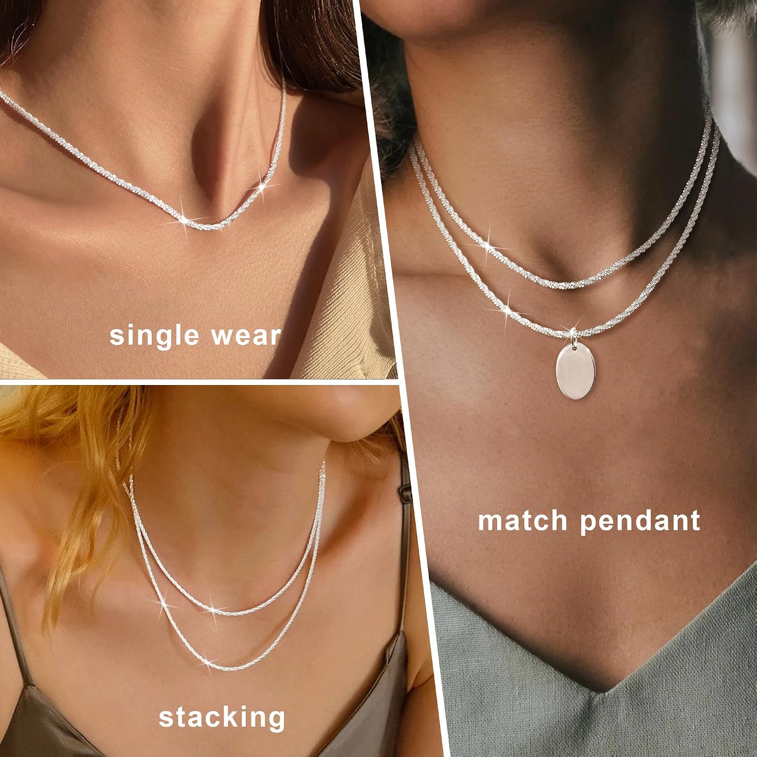 CASSIECA 2 Pcs Silver Necklace for Women Ladies Silver Chain Necklace Layerd Singapore Chain Adjustable Stackable Necklace Shiny Diamond Cut Rope Necklace for Women Girls – Bild 3