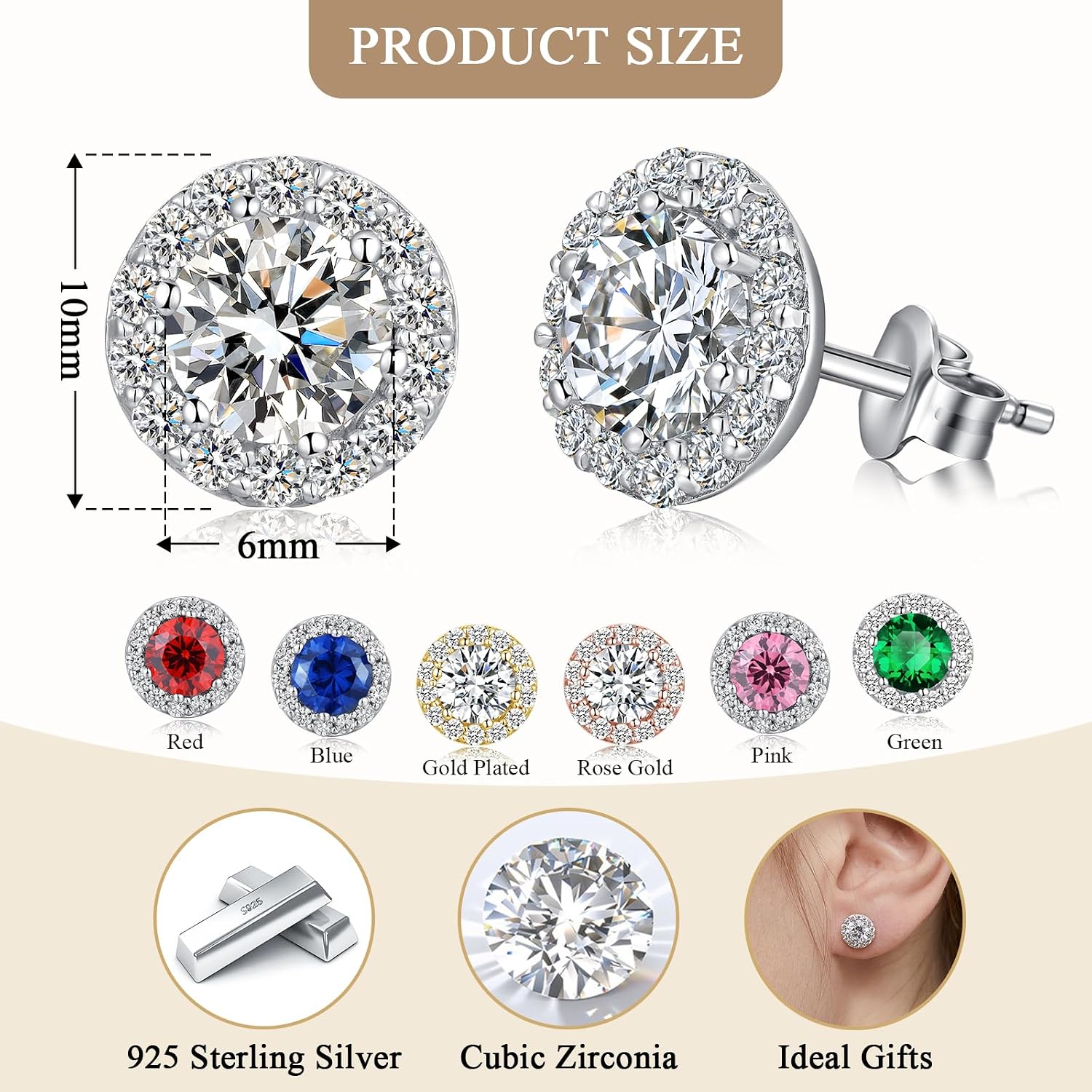18K Plated Round Diamond Brilliant Halo Stud Earrings Fine Jewel for Men and Women with Box – Bild 5