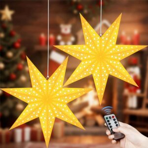 Christmas Decoration – LED Christmas Star Illuminated for Hanging, Pack of 2 Paper Star Illuminated 8 Light Modes, 3D Luminous Star Christmas Window with Remote Control, Paper Star for Christmas Decoration Indoor