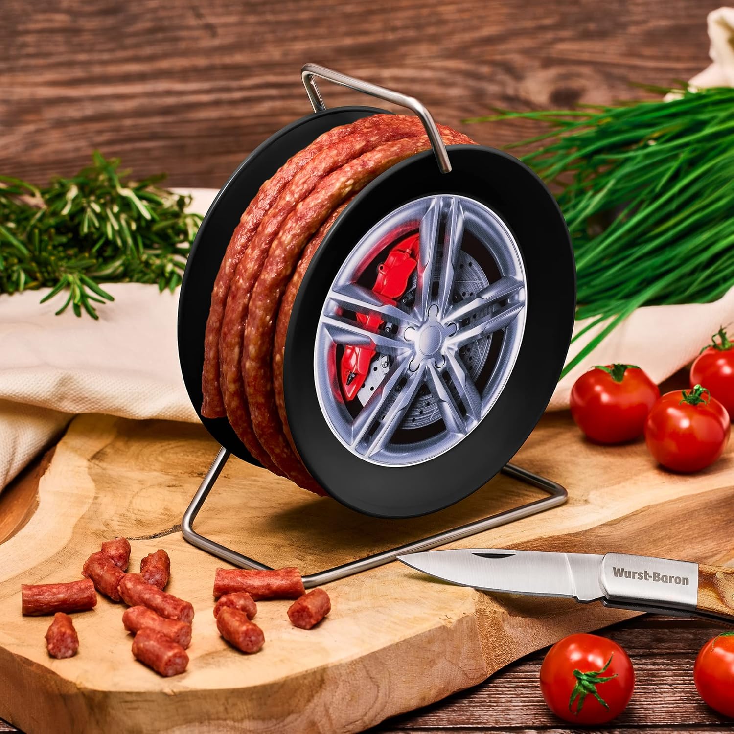 Wurstbaron Sausage Dartboard Dartboard - 3.5 m Snack Salami Cracow Style on a Mini Roll Drum Black, 240 g & Sausage Rim Cable Drum on Rim Sausage, 240 g – Bild 6