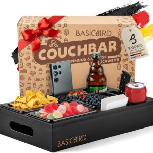 BASICBIRD® Couch Bar Snack Box – Organiser Tray – Snack Dispenser with 3 x Snack Bowls – Wooden Sofa Tray for Sofa, Decoration, Couch Bar with Drink Holder and Compartments – Motorhome Equipment
