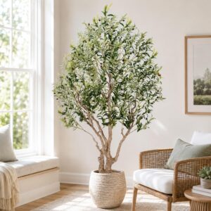 Artificial Olive Tree 214 cm, Artificial Plant Large, with 1513 Realistic Leaves and 122 Olive Lush Artificial Plant for Decorating Indoor and Outdoor Use, Office and Living Room
