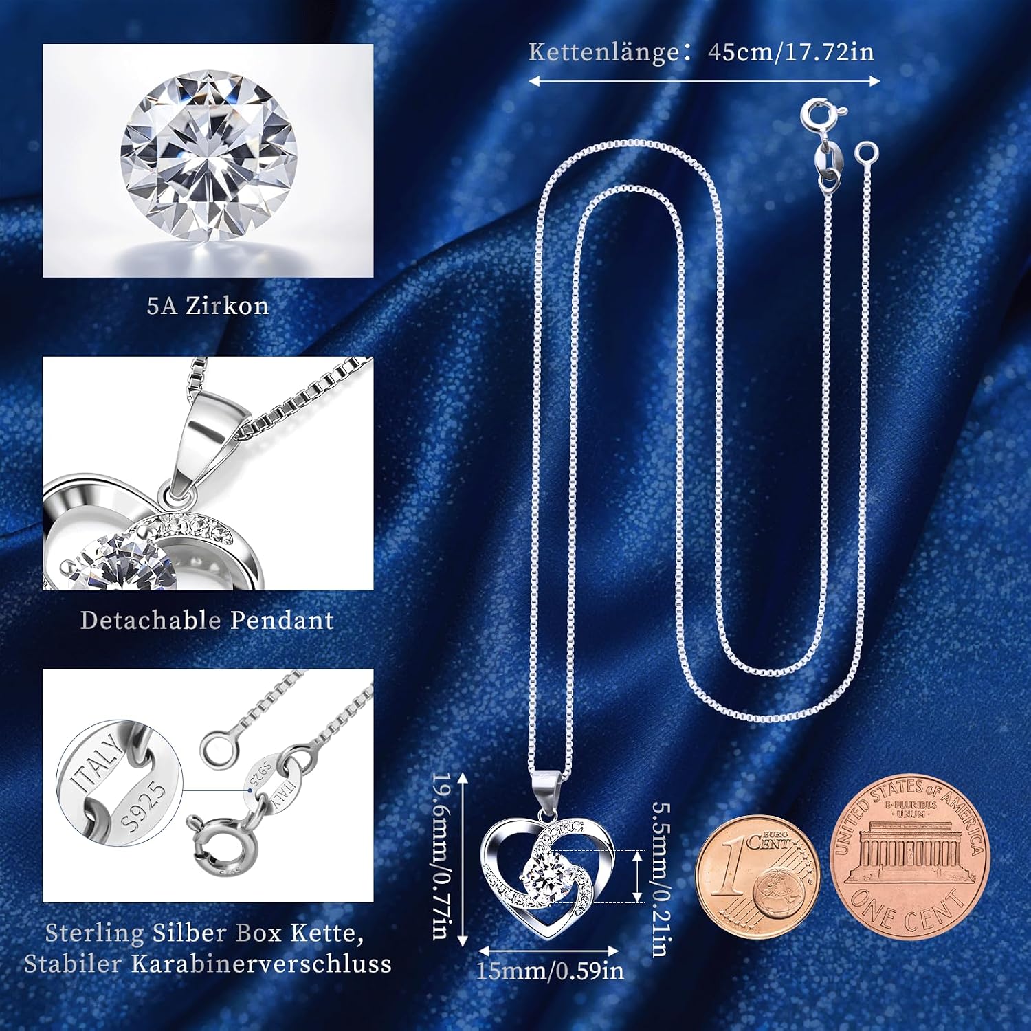 B. Catcher Women's Heart Necklace In 925 Sterling Silver,”Love Is Happiness” Pendant Jewellery With Cubic Zirconia, 45 cm Chain Length, Mother's Day Gift For Women – Bild 4