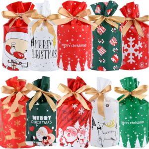 BOUBONI 50pcs Christmas Drawstring Candy Bags, Christmas Gift Treat Bags, Christmas Party Favors Supplies (10 Styles)