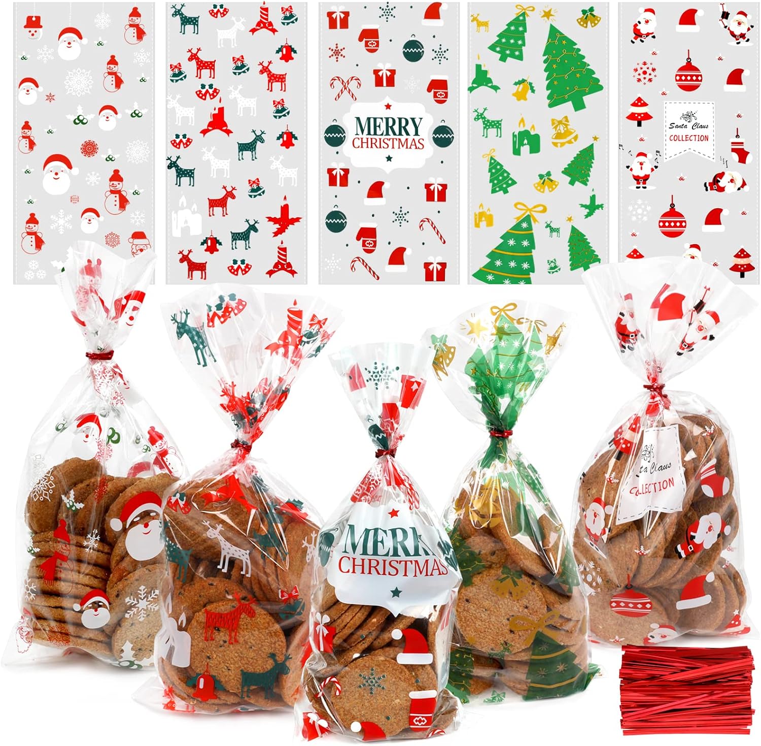 Pack of 120 Cellophane Bags, Christmas Candy Bags, Biscuits, Goody Bags with 120 Twist Ties, Bags for Filling, Cellophane Bags, Small for Cookies, Biscuits, Chocolates (5 Styles)