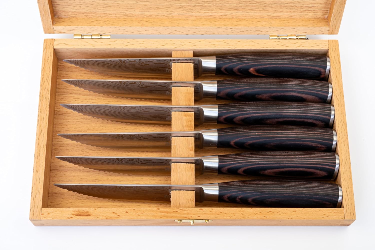 Steak Knife Set 6 Pieces Professional Chef's Knife, Ergonomic Wooden Handle, Serrated Edge, Gift Idea with Wooden Box for Storage – Bild 3