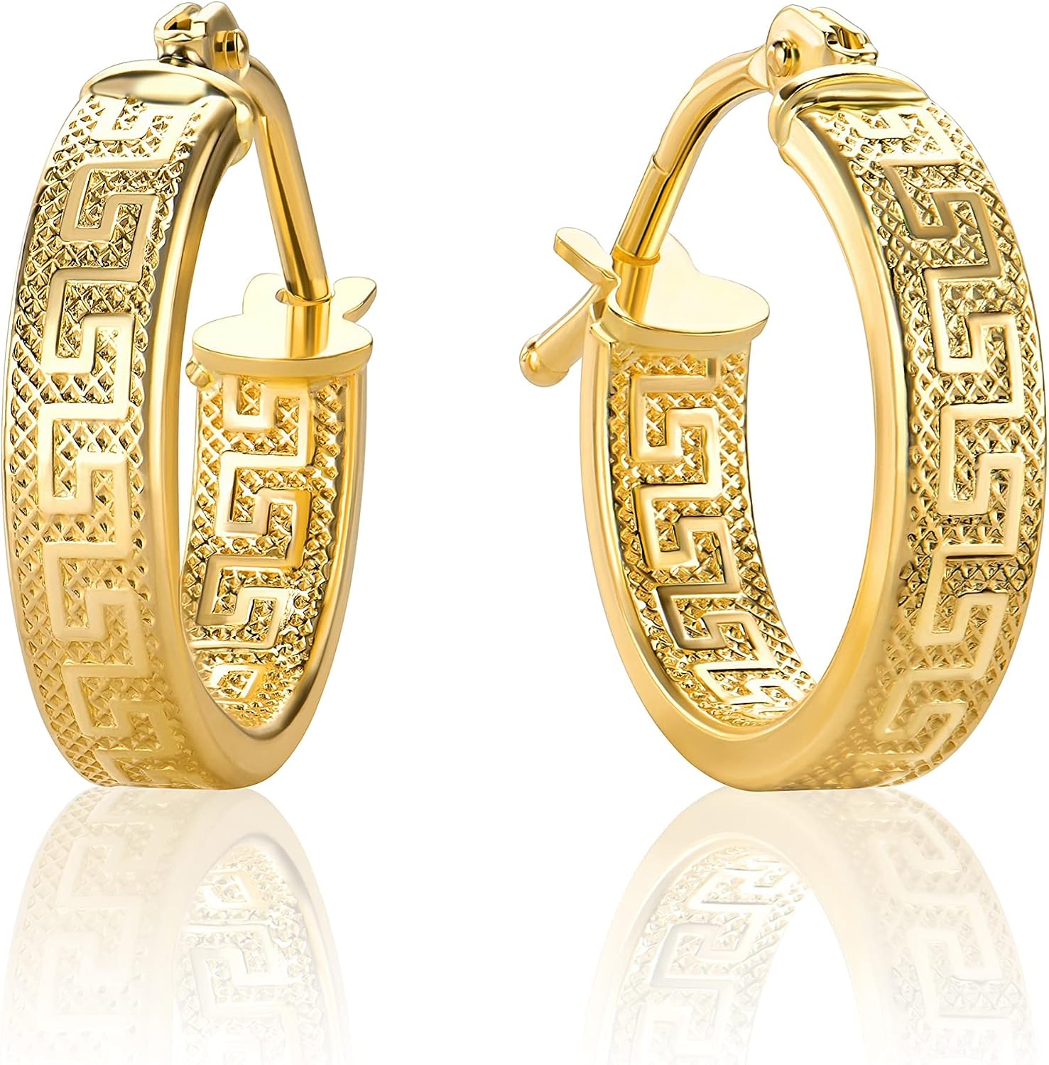 PRI37A Small Greek Key Hoop Earrings Yellow Gold 18 Carat / 750 Gold Diamond-Coated (2 x 14 mm Diameter) – Bild 2