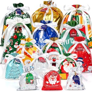 Pack of 24 Christmas Gift Bags with Drawstrings, 6 Sizes, 15 Designs