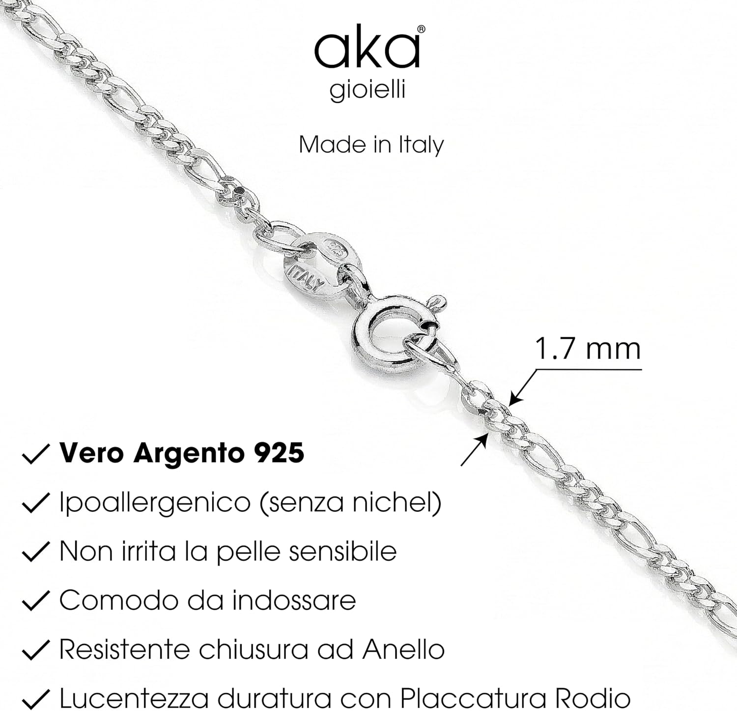 Aka Gioielli® - Diamond-coated Figaro Chain 1.7 mm 925 Sterling Silver Rhodium-Plated - Women's Men's Necklace Lengths: 40 45 50 55 60 70 cm – Bild 4