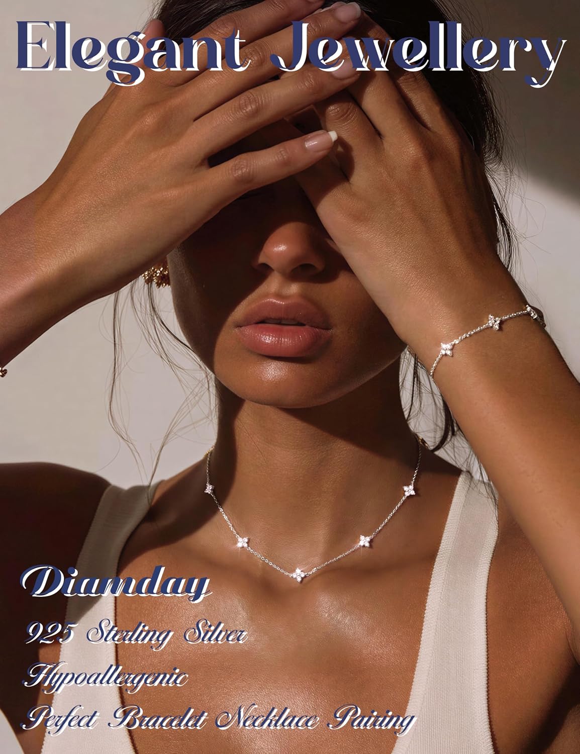 Diamday Women's 925 Silver Necklace Bracelet Gold Silver Jewellery Set Adjustable Choker Chain Bracelet Set with Zirconia Fashion Jewellery Wedding Bridal Jewellery Set Silver 925 Women – Bild 4