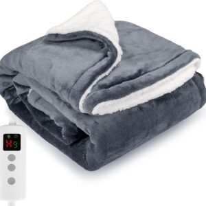 PROALLER Electric Blanket 160 x 130 cm, 10 Levels & 1-9H Timer Auto-Off, Machine Friendly, Soft Flannel Sherpa, Sofa Seat Cushion Bed Office Use, Electric Blanket with Automatic Shut-Off, Grey
