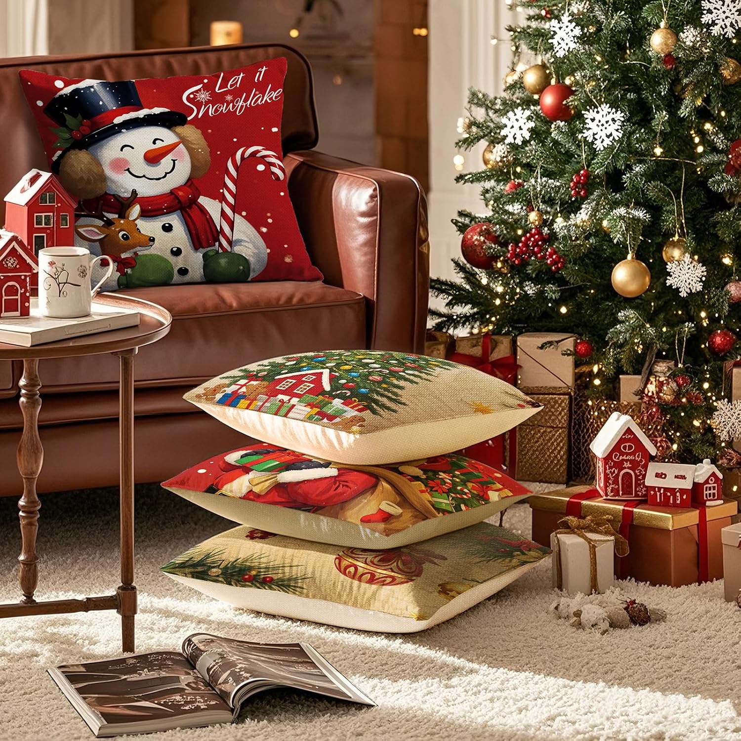 Christmas Cushion Cover, 45 x 45 cm, without Cushion Filling, Set of 4, Linen Look, Square Christmas Cushion Covers with Zip for Sofa, Living Room, Christmas Decorations (Multi-Colour) – Bild 9