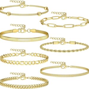 Dochais 5-7 Stück Kette Armbänder für Frauen,18K Gold Plated Stacking Armbänder,Twist Figaro Herringbone Kette Armbänder verstellbar,Charm Armbänder Set Silber Gold