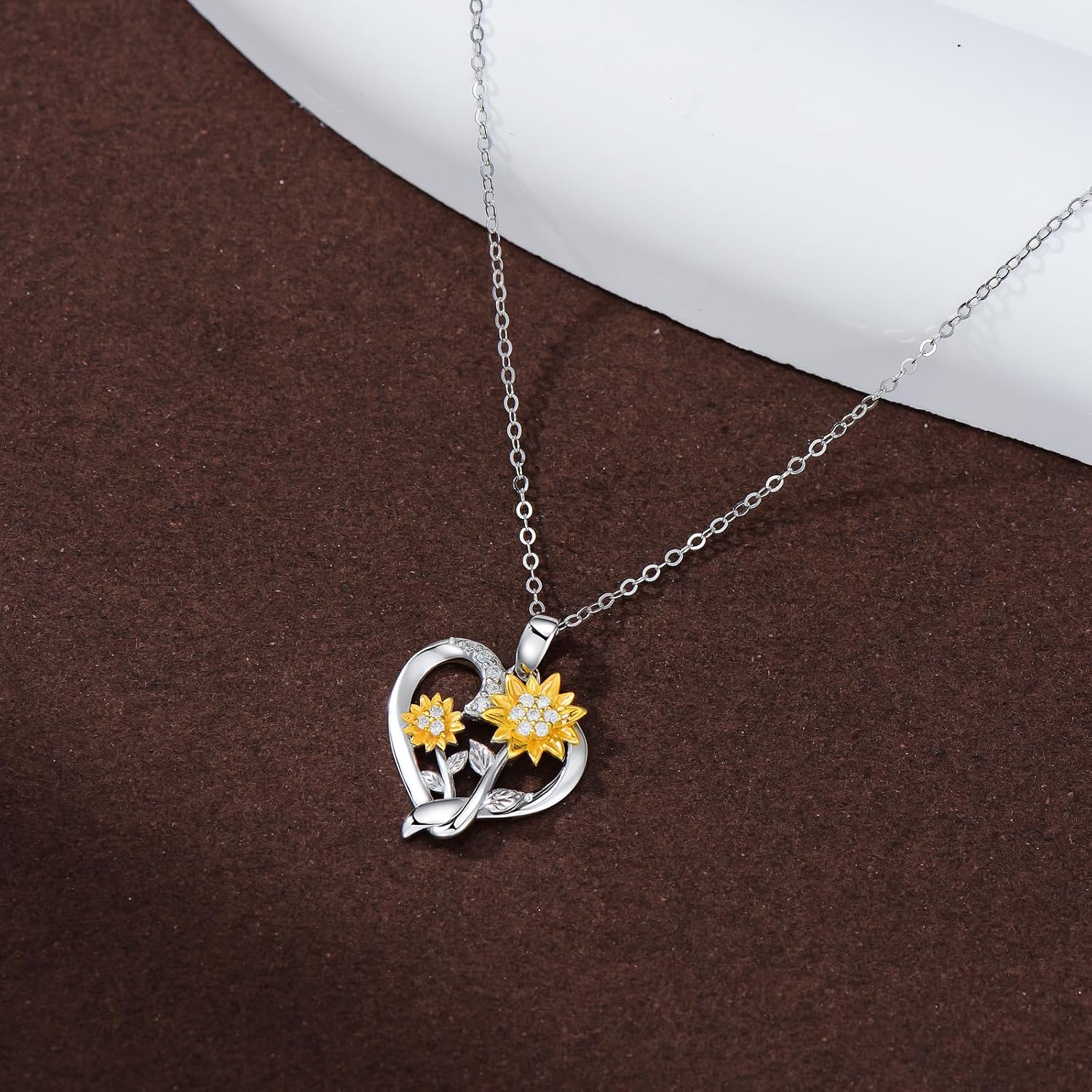 375/9K Real Gold Heart Necklace for Women, White/Yellow Gold Natural Diamonds Sunflower Pendant | You are my Sunshine, Elegant Jewellery, Anniversary, Birthday Gift for Wife Girlfriend – Bild 3