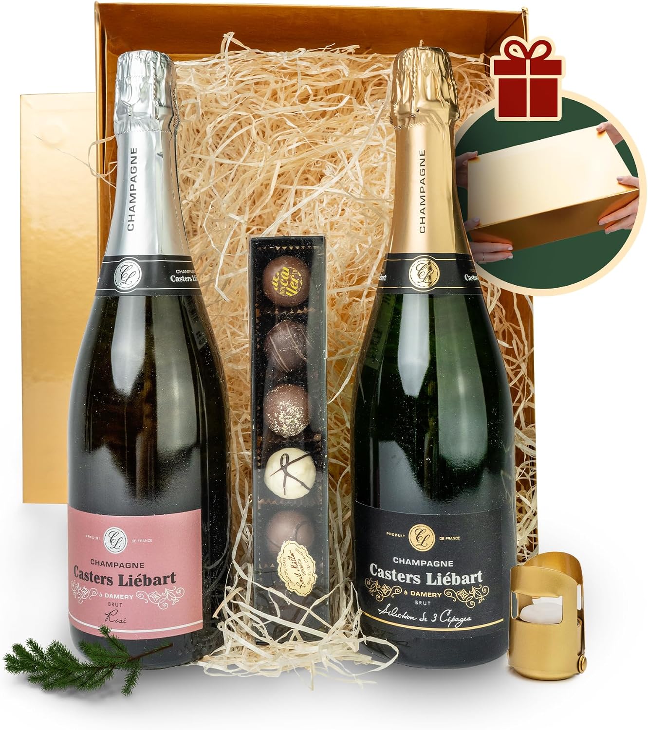 Duo Champion Gift Basket with Chocolate in Elegant Gold Magnetic Box - Gourmet Tasting - Party Gift Idea for Men and Women for Birthdays, Weddings and Other Occasions