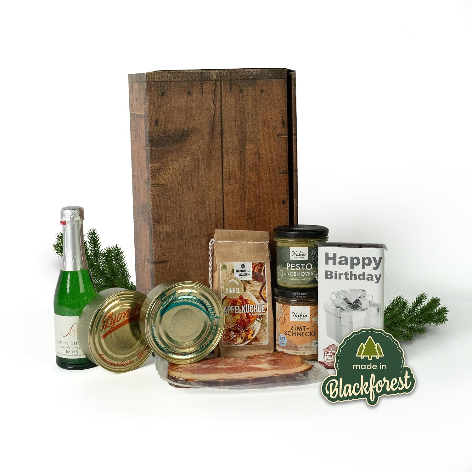 Black Forest Butcher Shop - Birthday Gift Basket - 7-Piece - Sweet & Savoury with Happy Birthday Chocolate, Apple Kitchen Baking Mix, Cinnamon Rolls Spread, Black Forest Specialities & Sparkling Wine